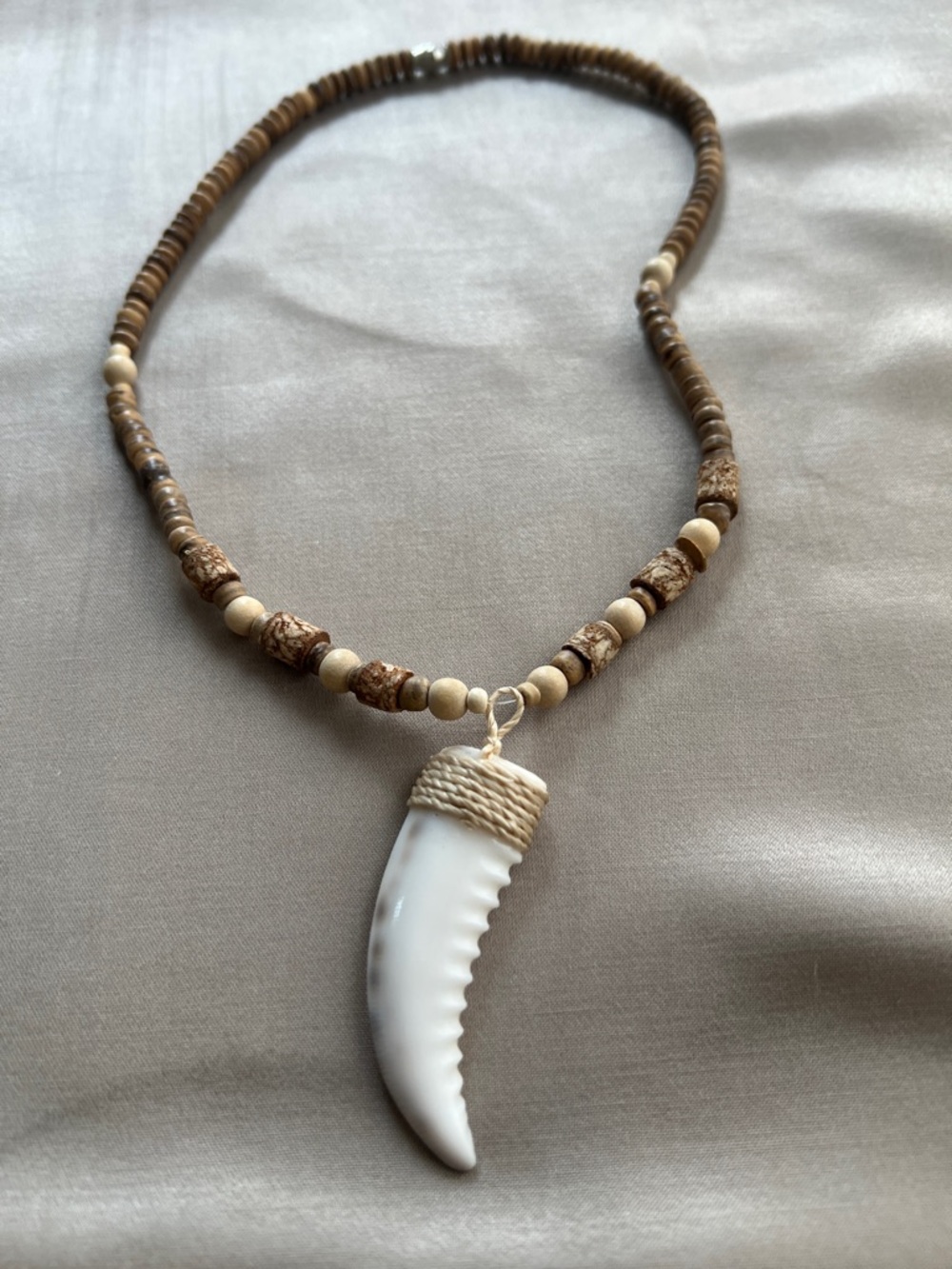 Unisex Brown Beaded Necklace with Cream Tooth Pendant